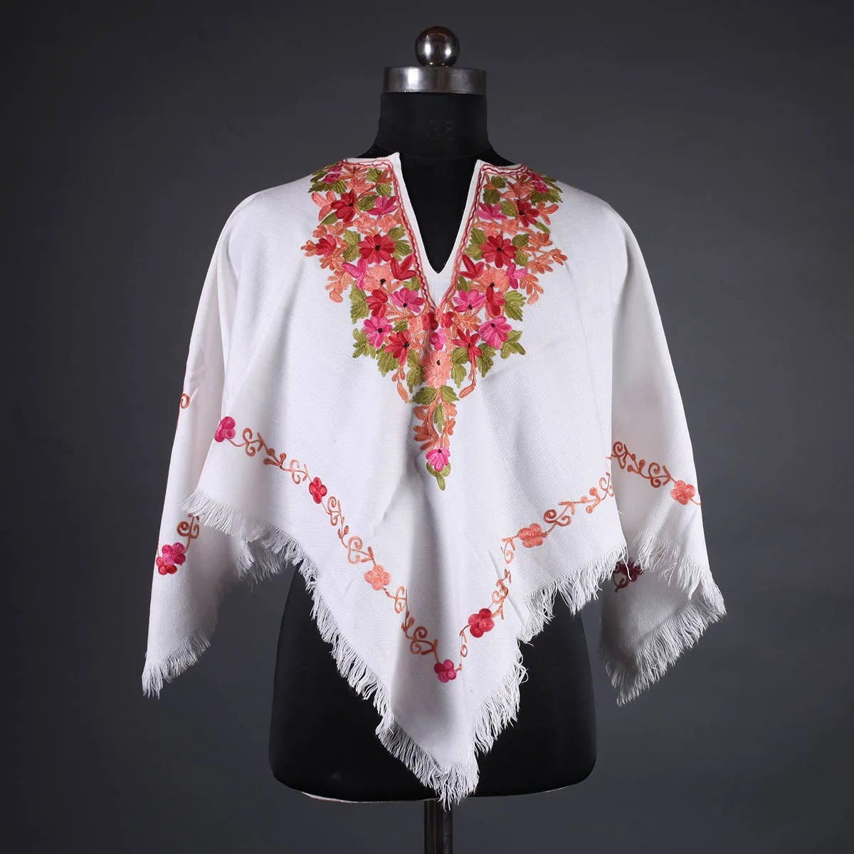 White Poncho Floral Design with Kashmir Aari Embroidery