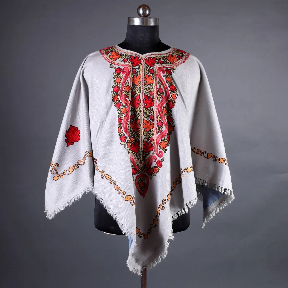 Grey Base Chinar Design Poncho with Kashmiri Aari Embroidery
