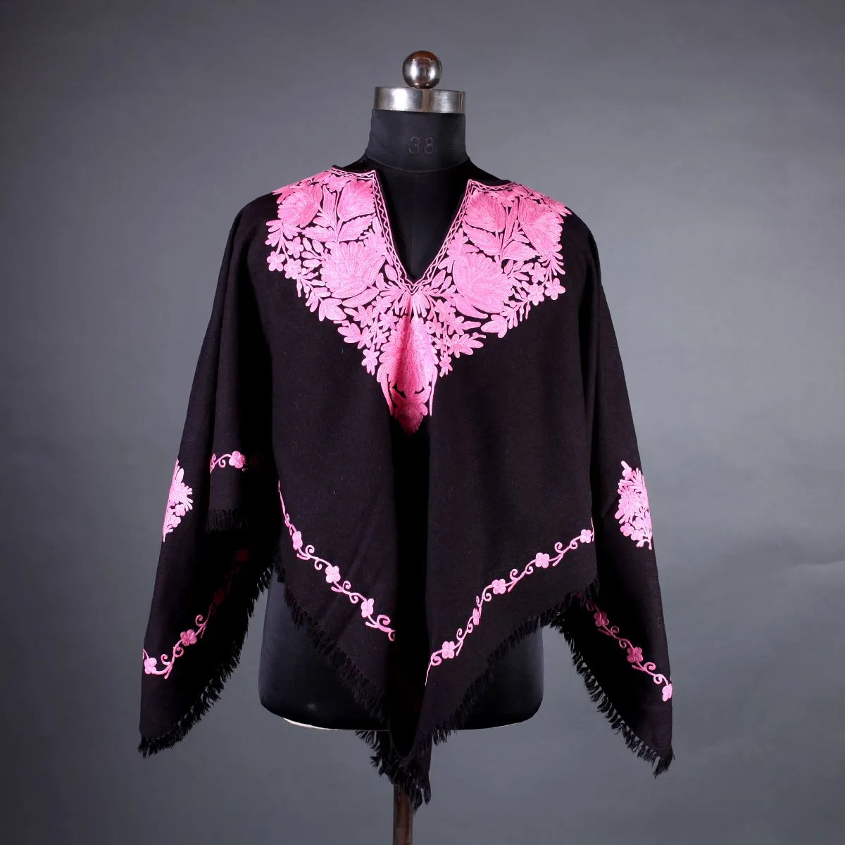 Black & Pink Floral Design Poncho with kashmiri Aari Embroidery