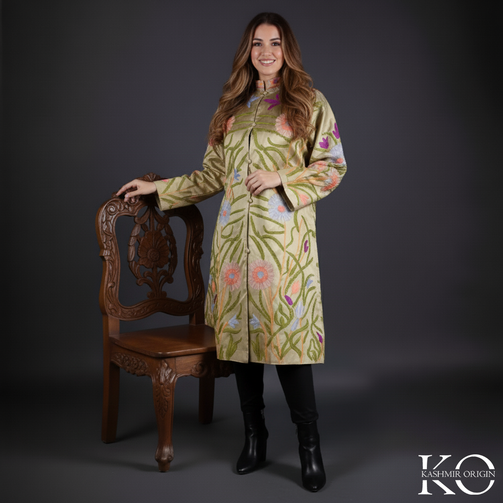 Golden Base Floral Design Aari Embriodery Kashmiri Silk Jacket