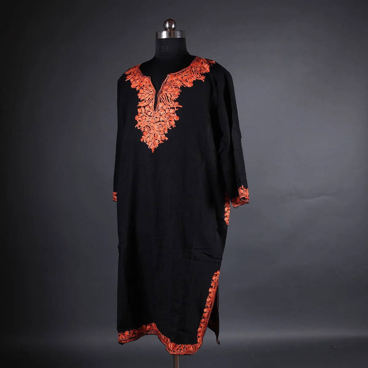 Black Minimal Design Aari Embroidered Phiran