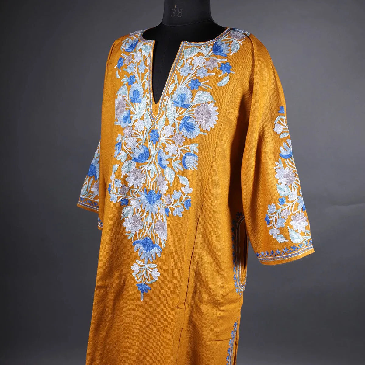 Mustard Yellow Aari Embroidered Front Back Work Kashmiri Pheran