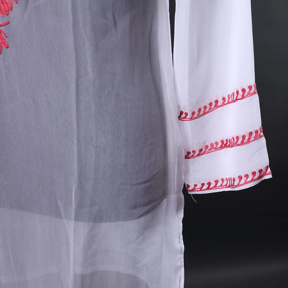 Powdered White Aari Embroidered Georgette Kurti | Pink Aari Work | Kurti for Women