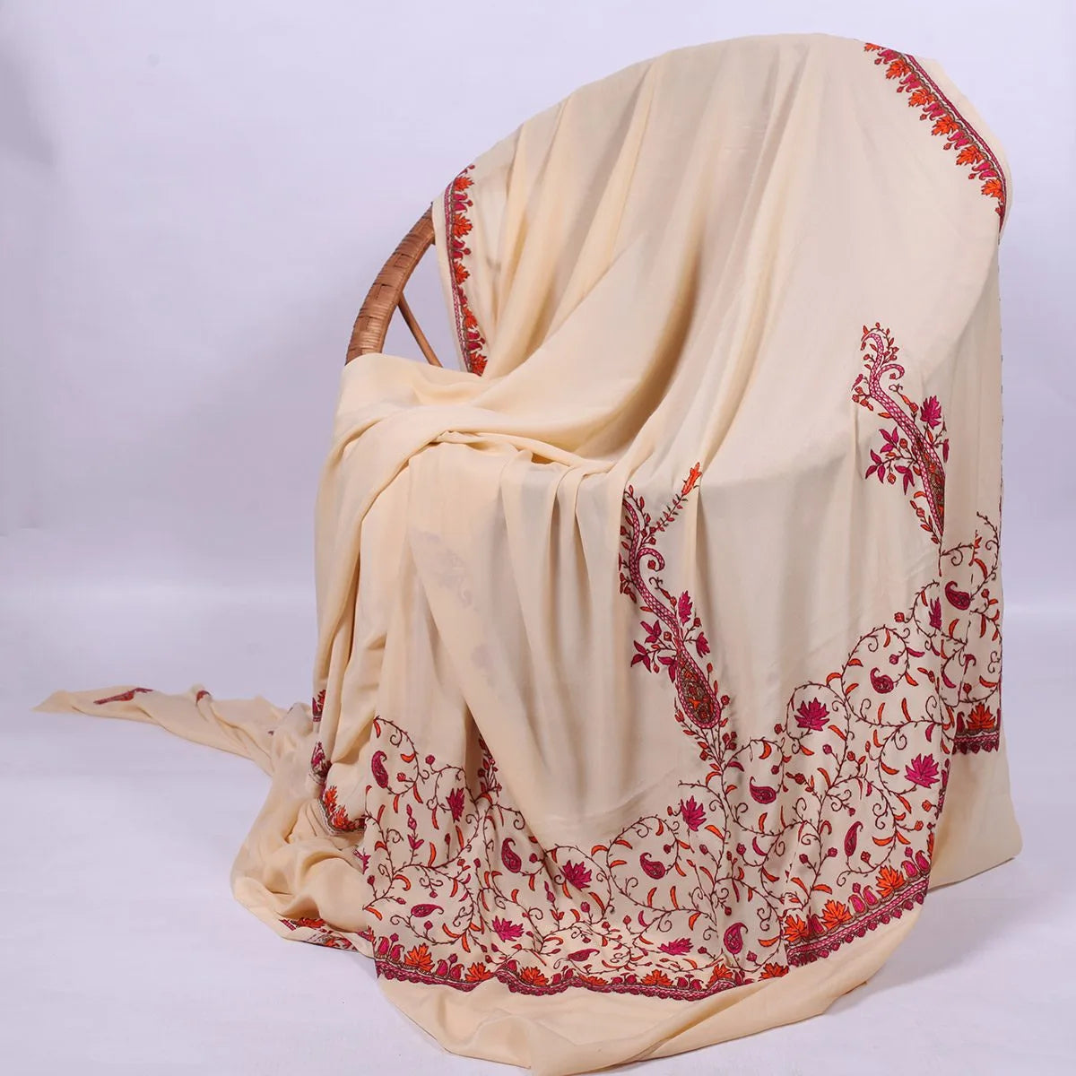Creme Colour Kashmiri Hand Sozni Embroidered Pure Crepe Saree