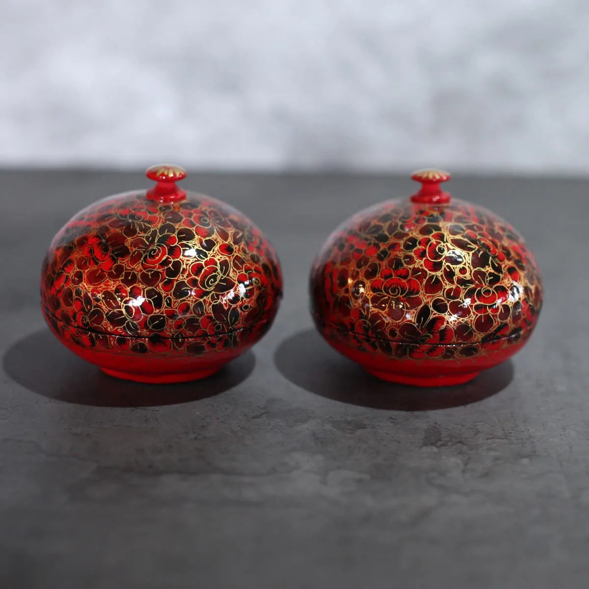 Red Floral Paper Mache Powder Box 4 Inches Set Of 2