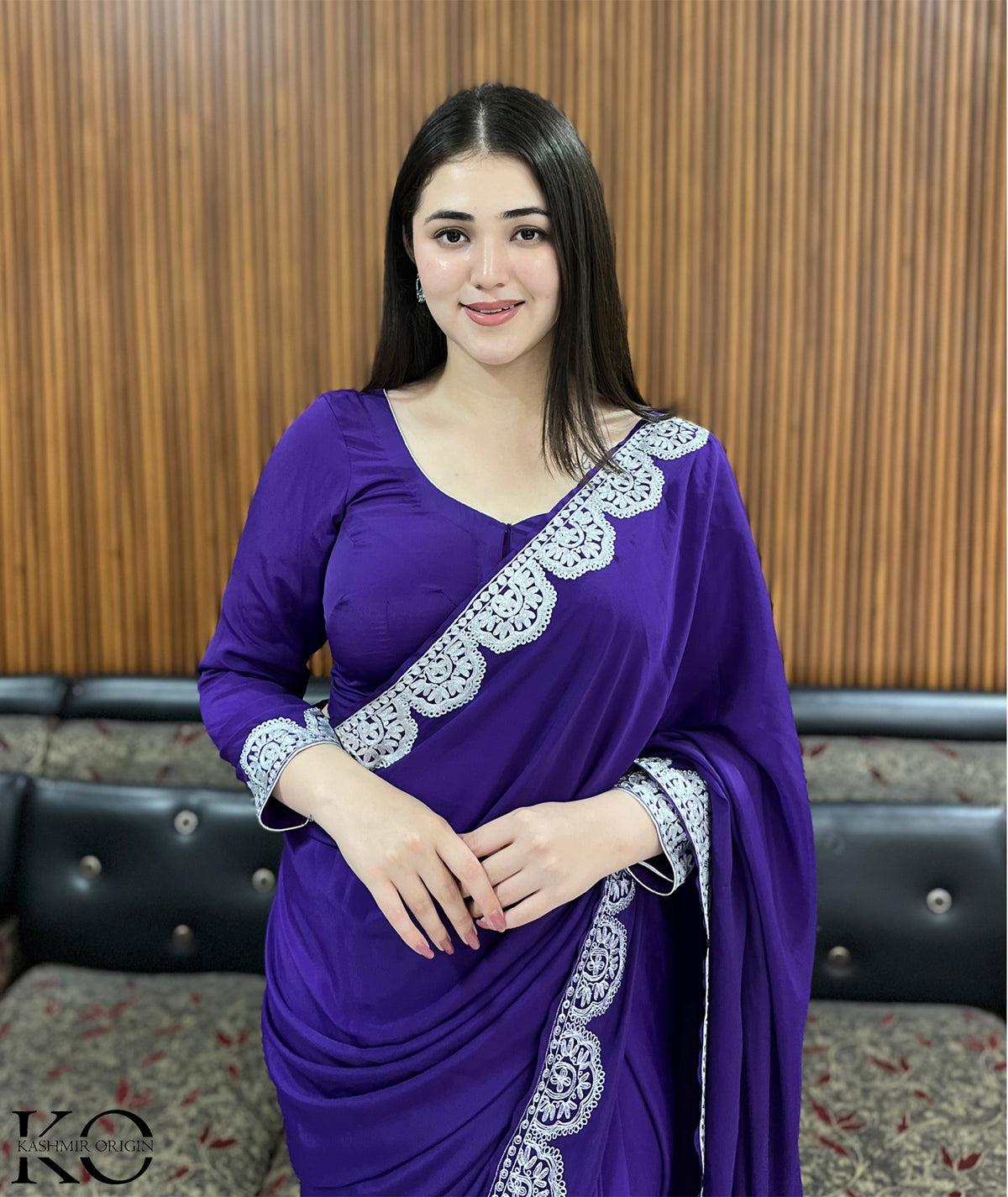 Kashmiri Purple Crepe Saree With Silver Zari Embroidery