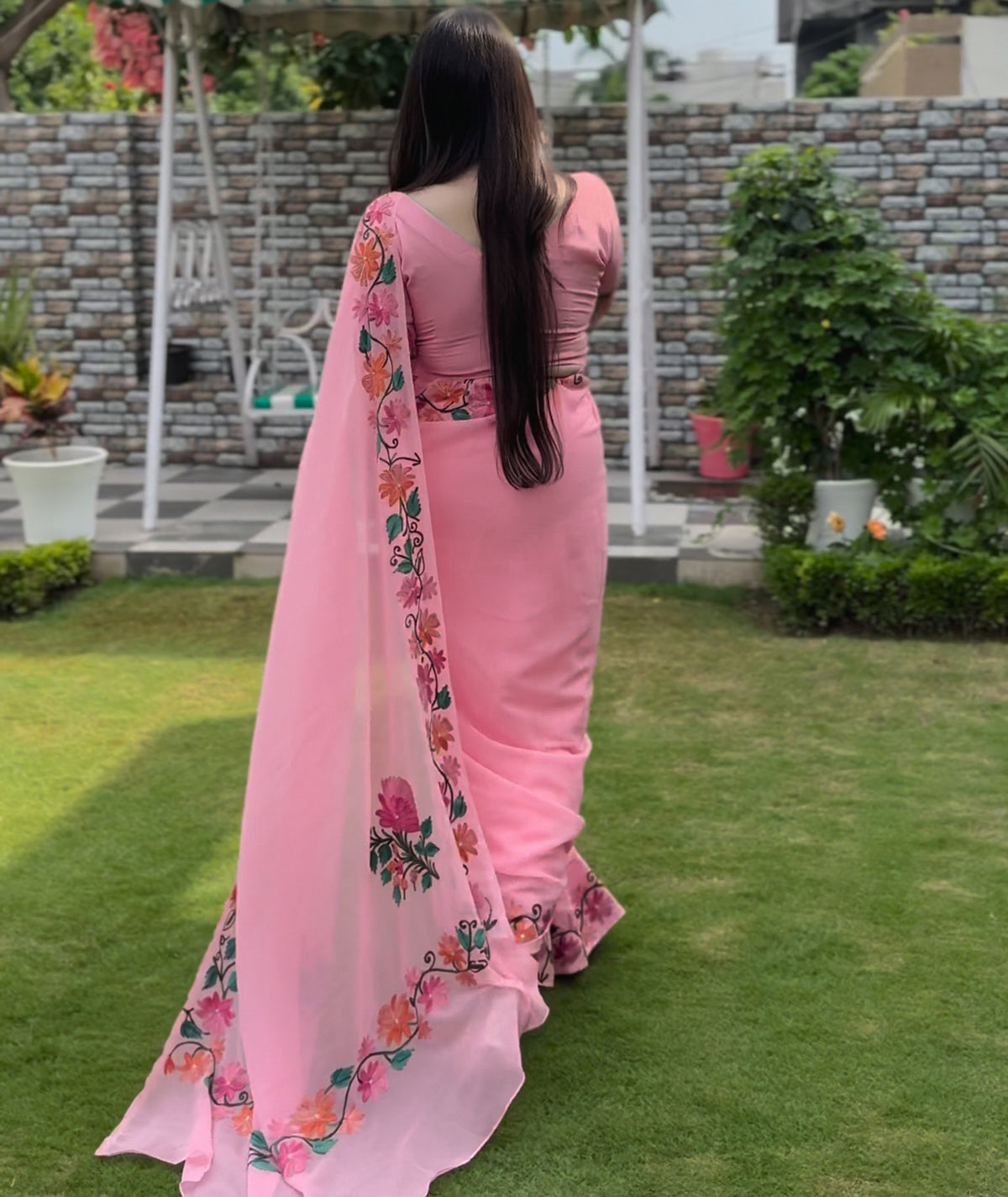 Baby Pink Floral Design Aari Embroidered Georgette Saree