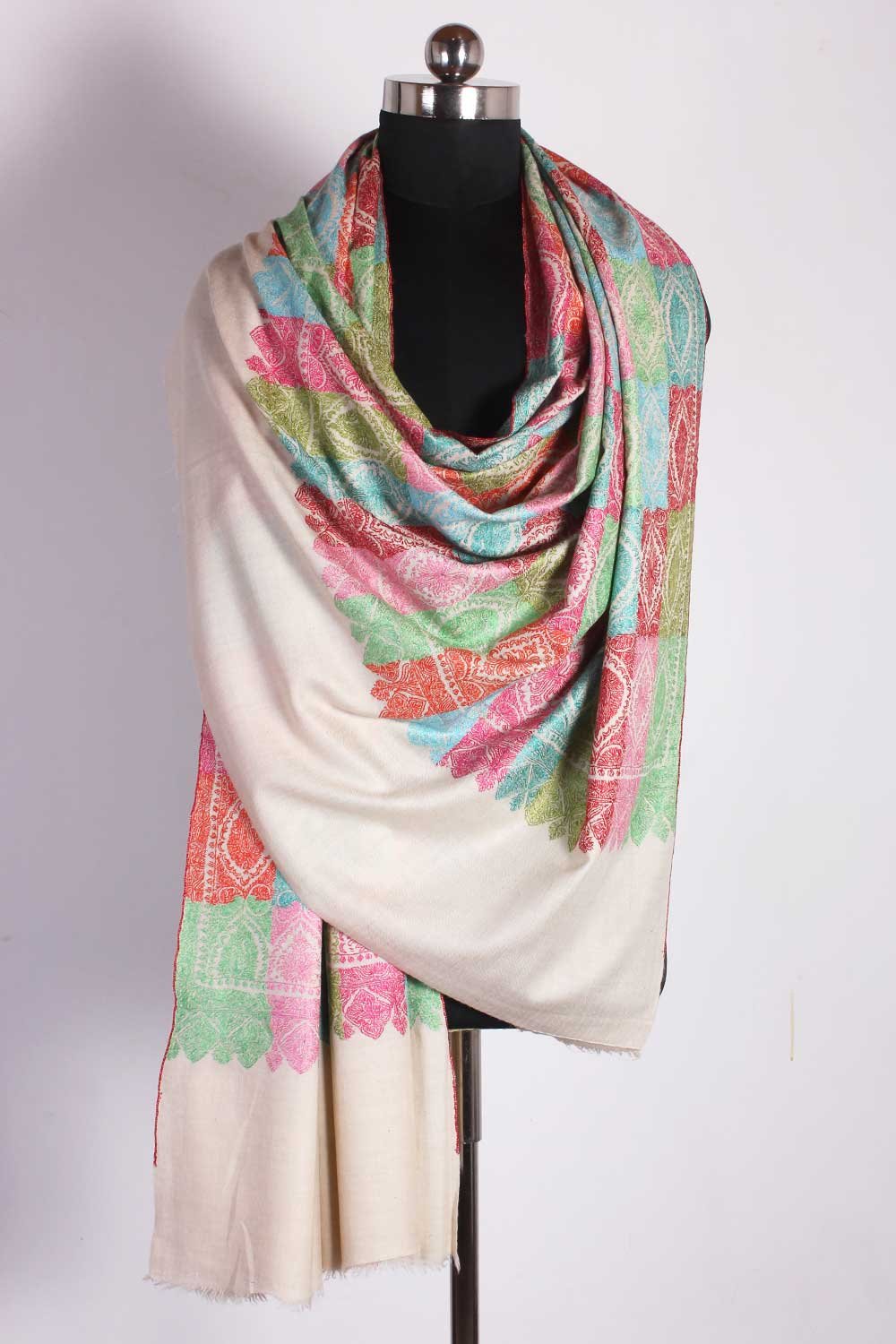White Base Multicolour Embroidred Cashmere Pashmina Shawl