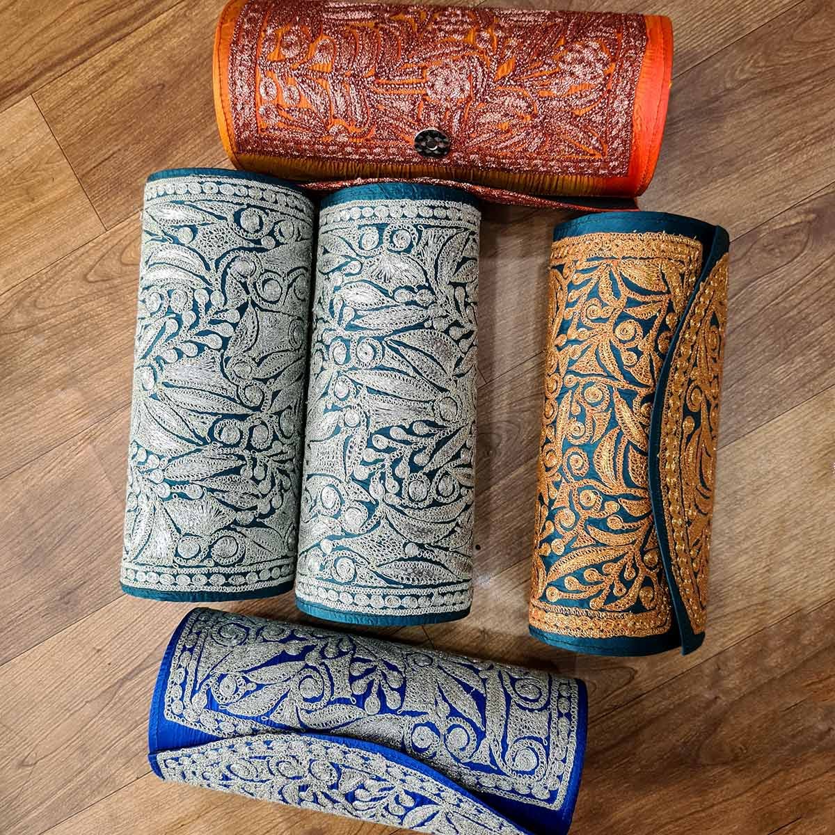 Zari Embroidered Multicolor Tilla Round Clutches