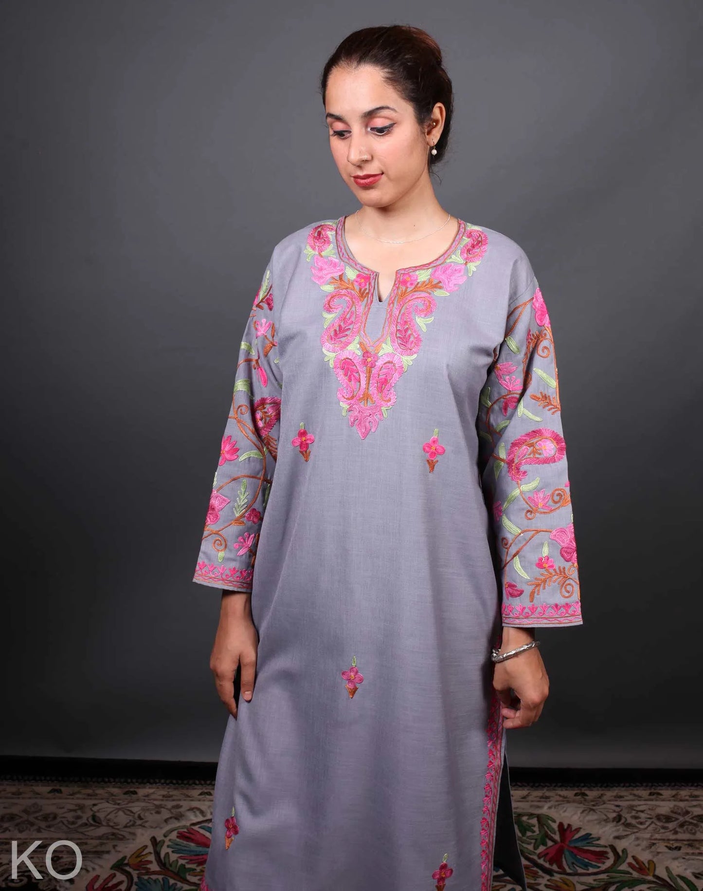 Subtle Stone Grey Aari Embroidered Arm Design Cotton Kurti
