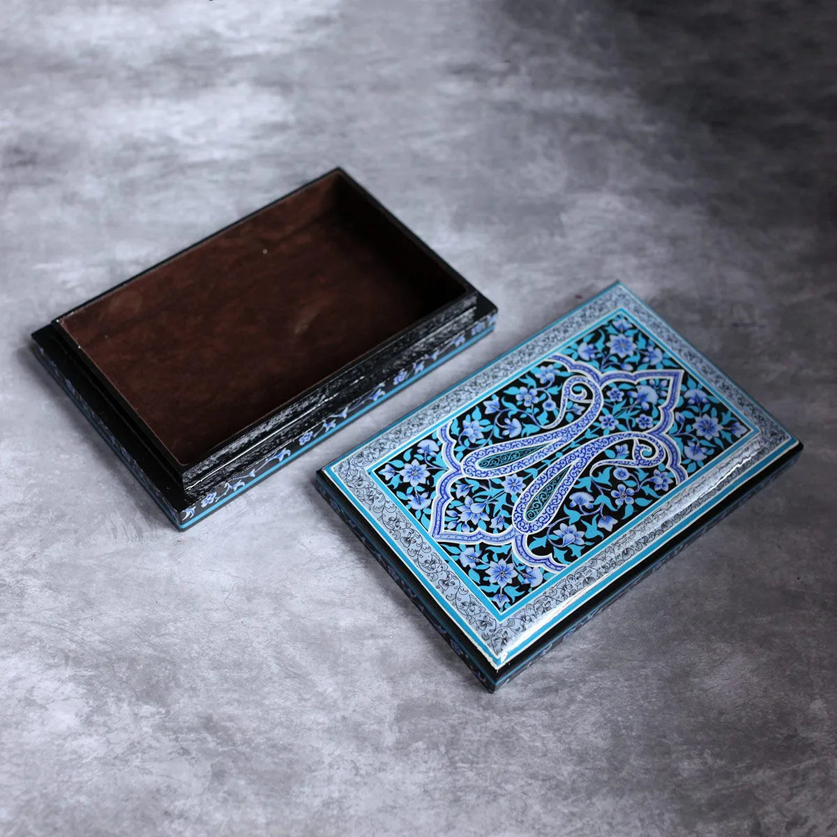 Black Base Paisley Design Handmade Paper Mache Box Meter box | Flat Box | Intense Design kashmir Art