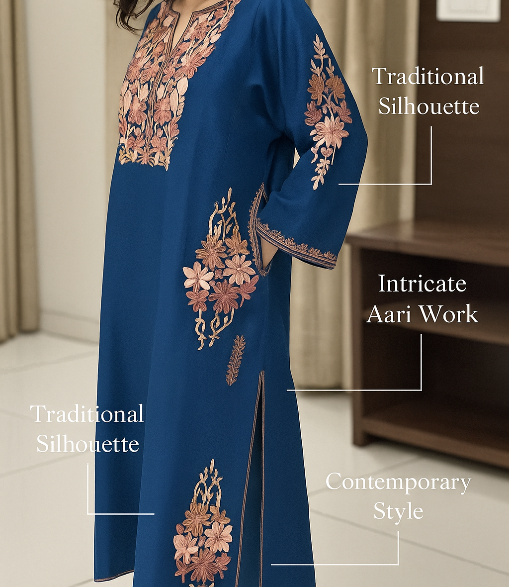 Royal Blue Modern Design Aari Embroidered Pheran