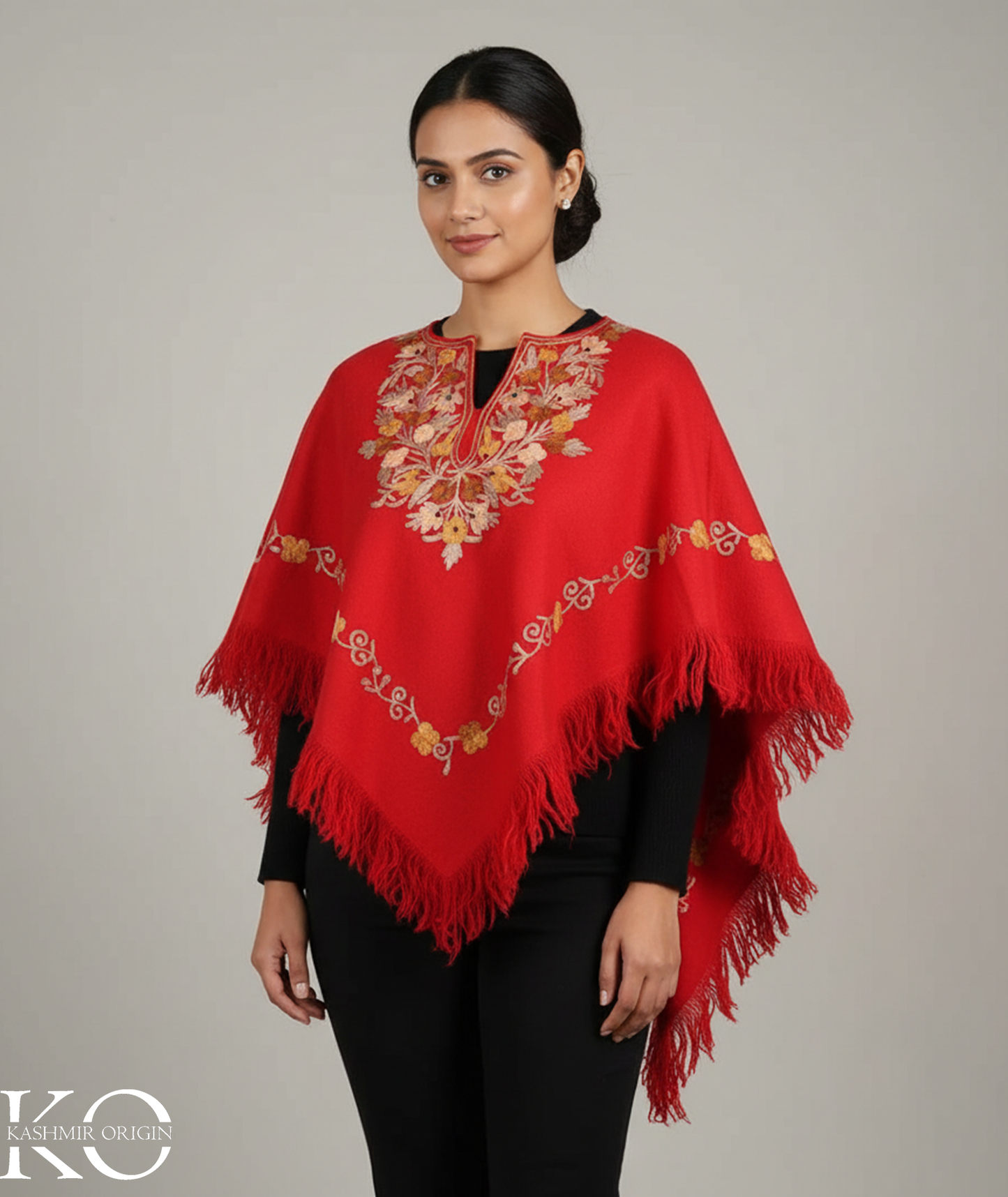 Red Poncho with Aari Embroidery, Kashmir Embroidery