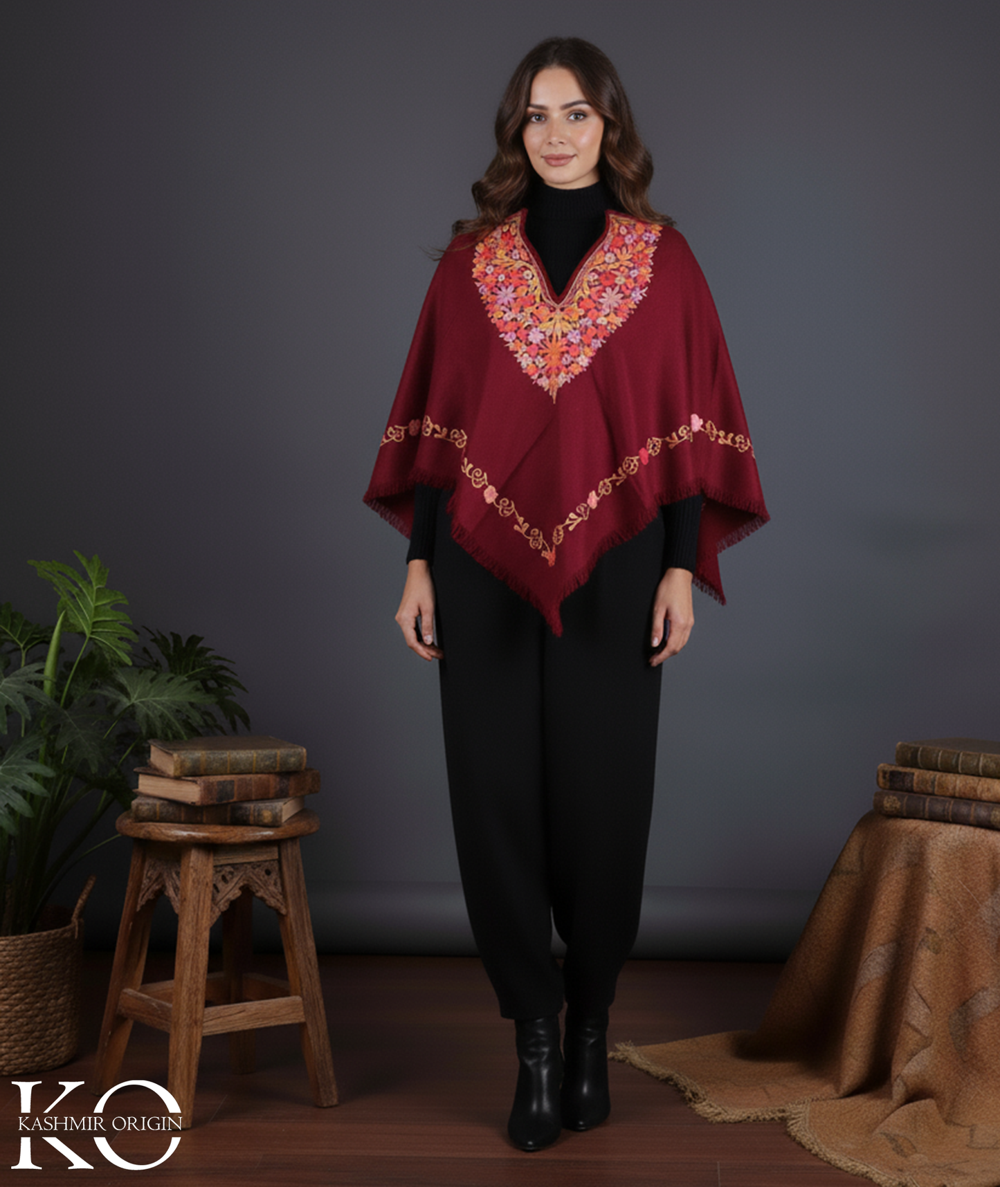 Maroon Poncho with Aari Embroidery, Kashmir Embroidery