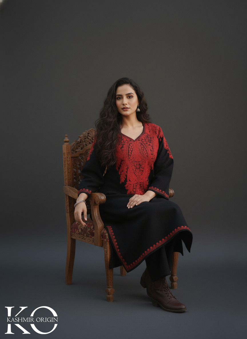 Front Back Black and Red Aari Embroidered Kashmiri Pheran