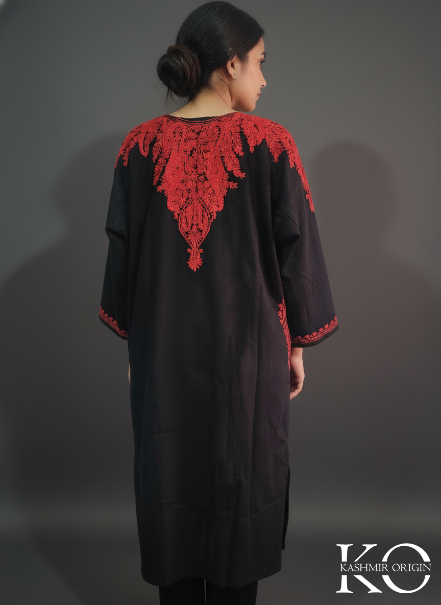 Front Back Black and Red Aari Embroidered Kashmiri Pheran
