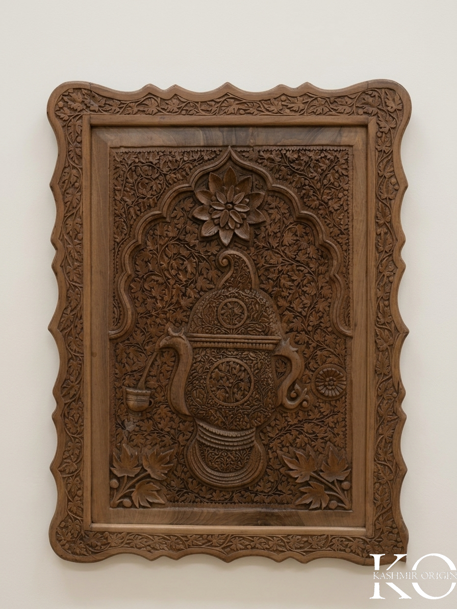 Hand carved samavar motif on walnut wood panel