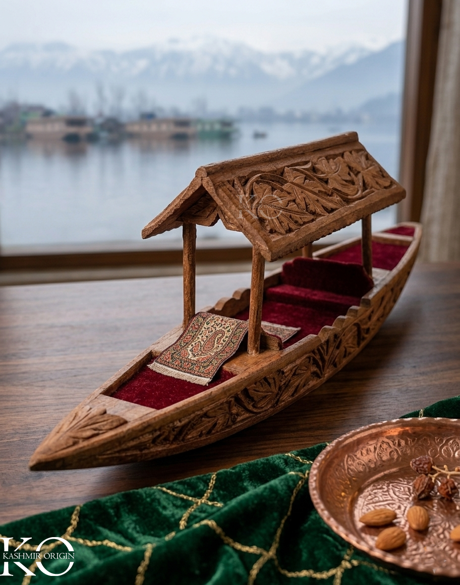 Kashmiri Walnut Wood Mini Shikara | Handcrafted Decorative Kashmiri Boat Showpiece