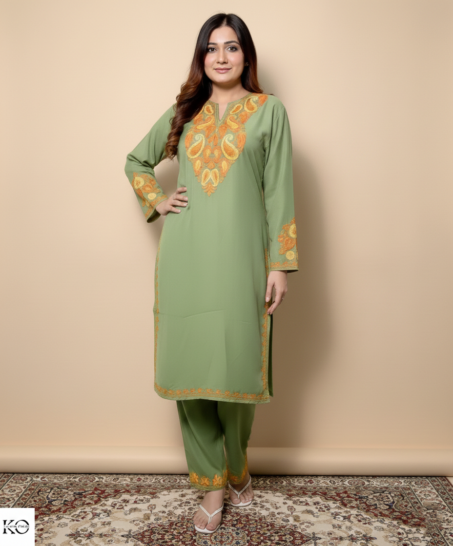 Green Base Aari Embroidered Kashmiri Cotton Co-ord Set