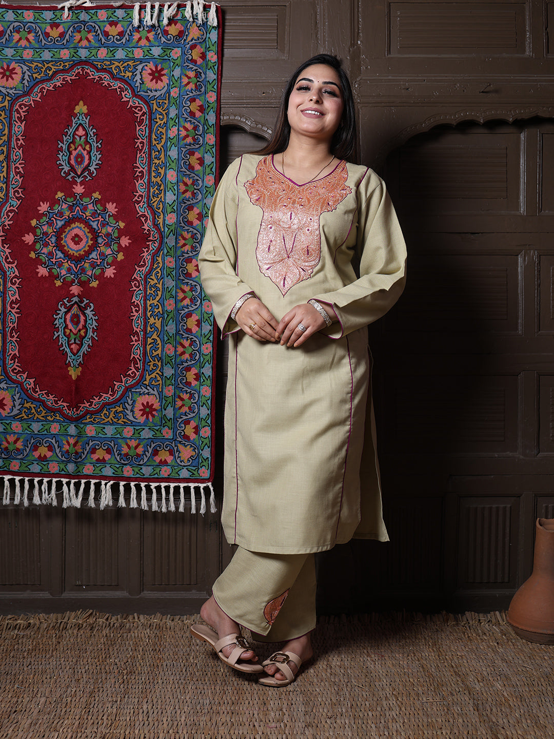 Sage Green Golden Tilla & Purple Silk Embroidered Kashmiri Cotton Co-ord set