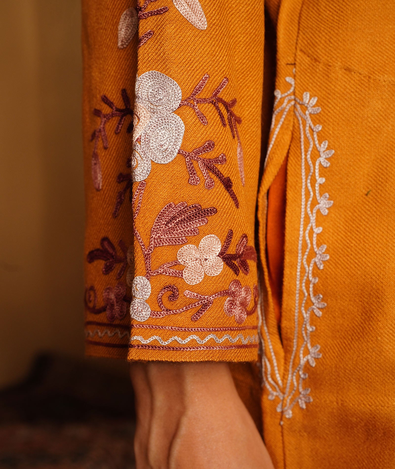 Ochre color Zari and Aari Embroidered Khatamband Design Woolen Pheran