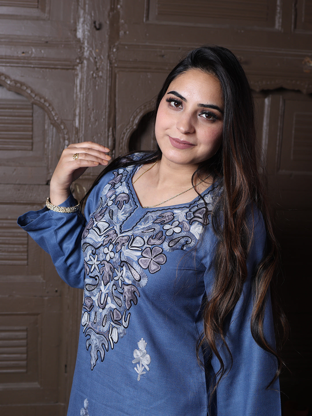 Steel Blue Aari Floral Embroidered Kashmiri Co-Ord Set