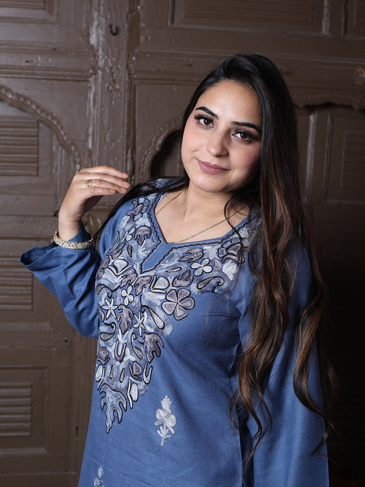 Steel Blue Aari Floral Embroidered Kashmiri Co-Ord Set