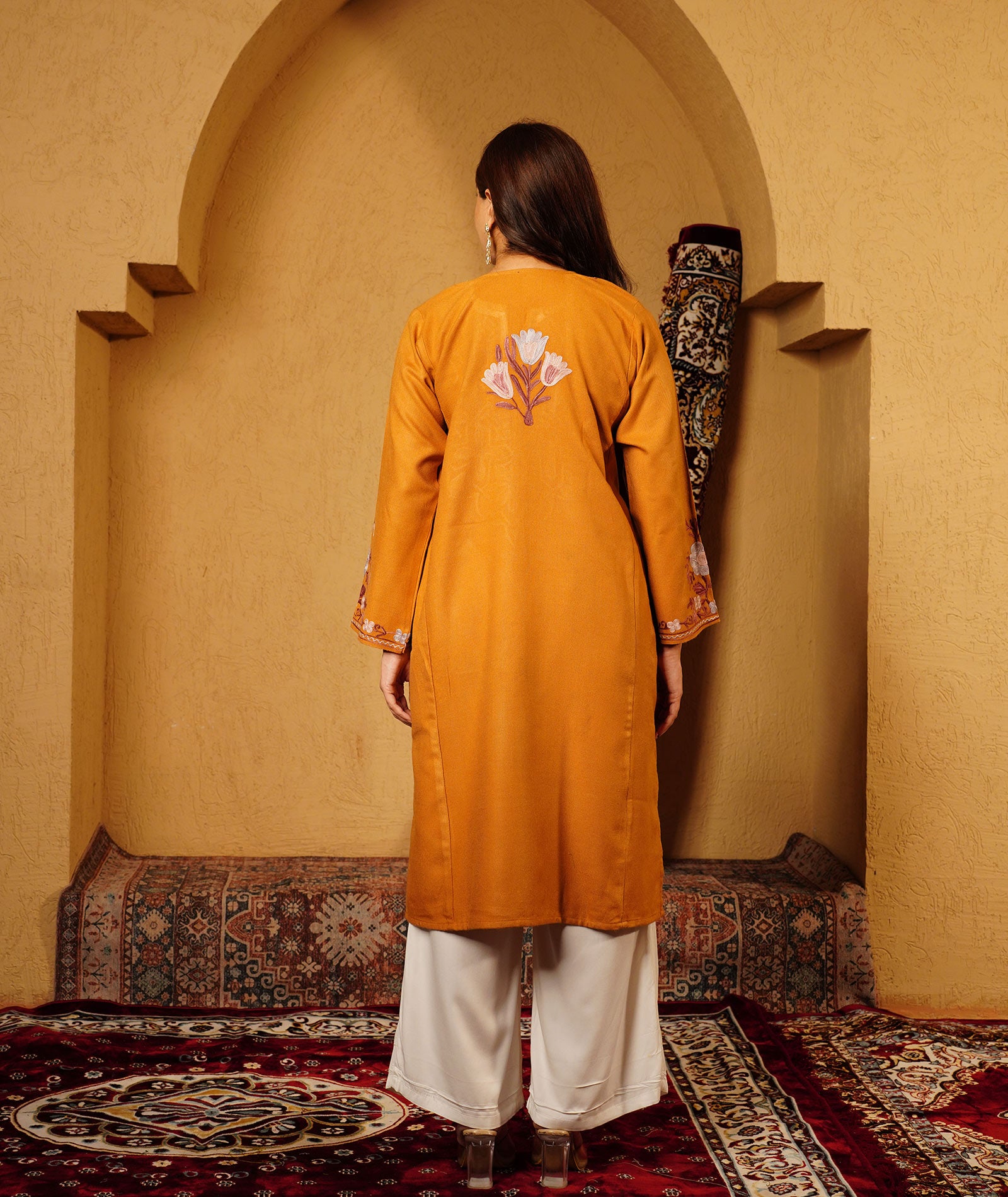 Ochre color Zari and Aari Embroidered Khatamband Design Woolen Pheran