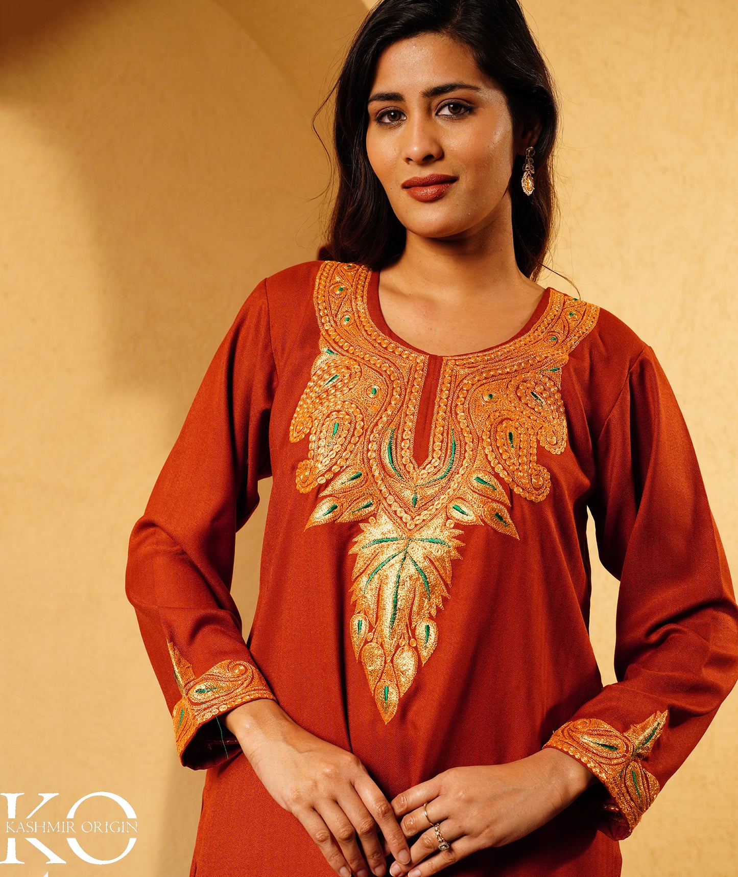Rustic Copper Tilla Embroidered Woolen Suit With Shawl