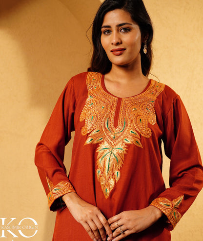 Rustic Copper Tilla Embroidered Woolen Suit With Shawl