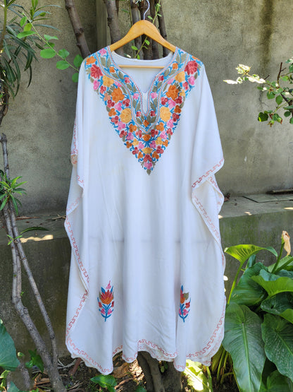 White Floral Design Aari Embroidered Rayon Cotton Kaftan