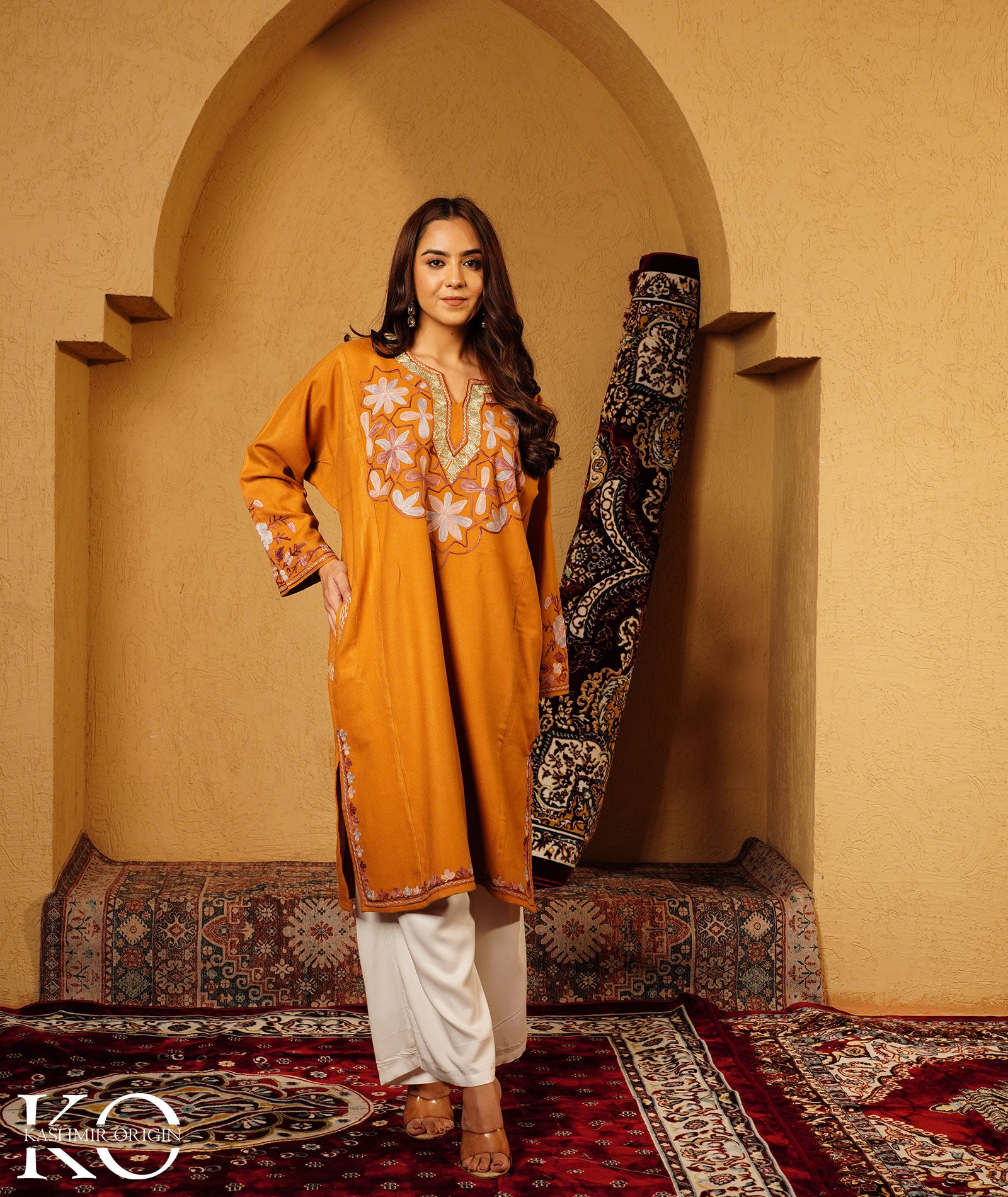 Ochre color Zari and Aari Embroidered Khatamband Design Woolen Pheran