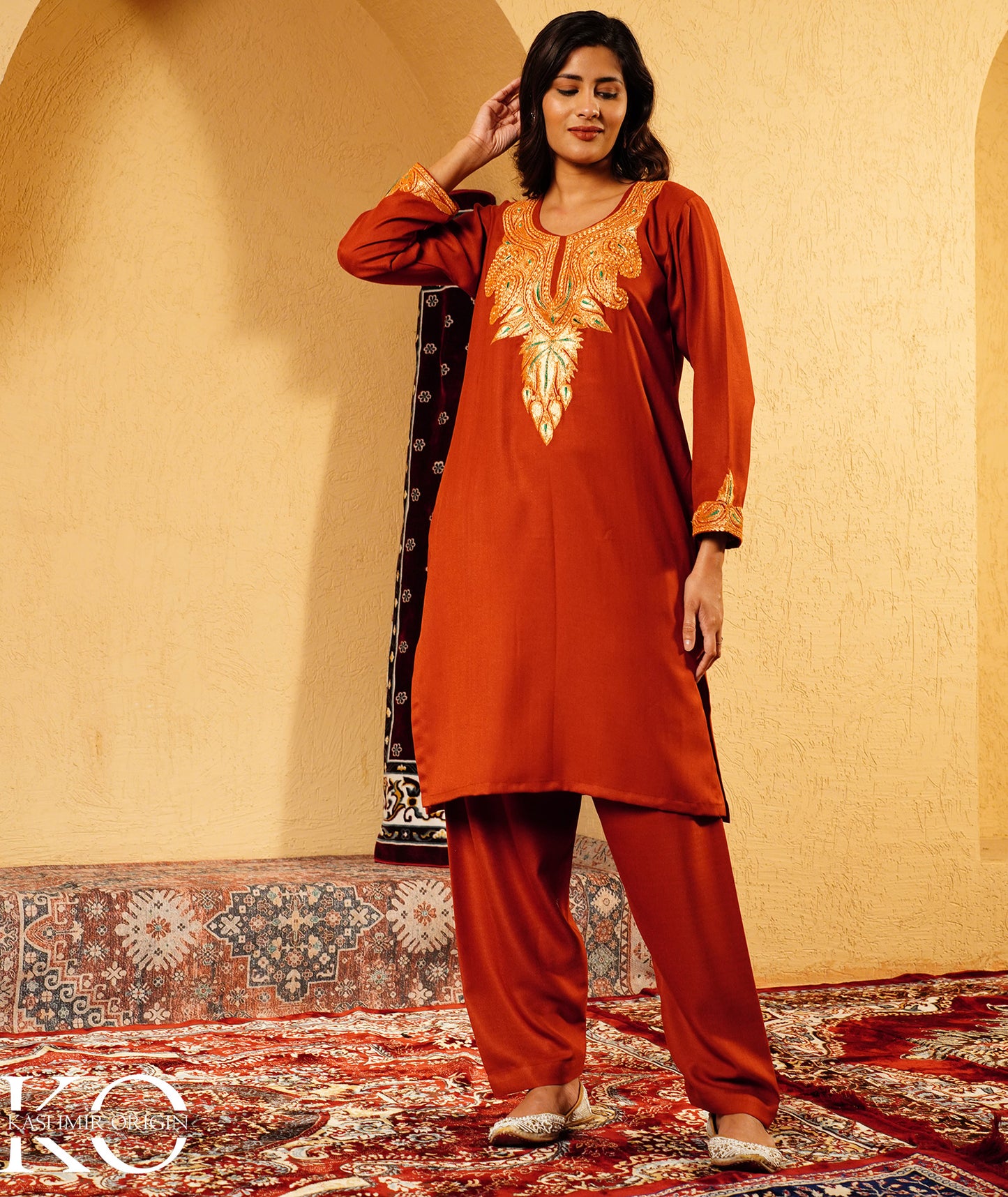Rustic Copper Tilla Embroidered Woolen Suit With Shawl