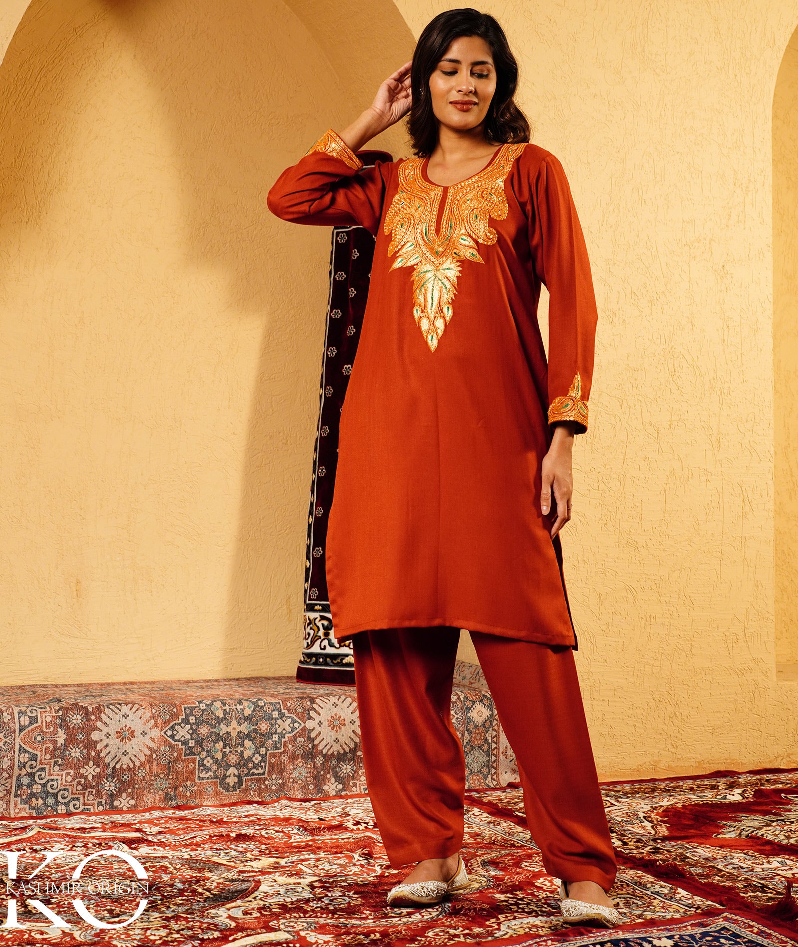 Rustic Copper Tilla Embroidered Woolen Suit With Shawl