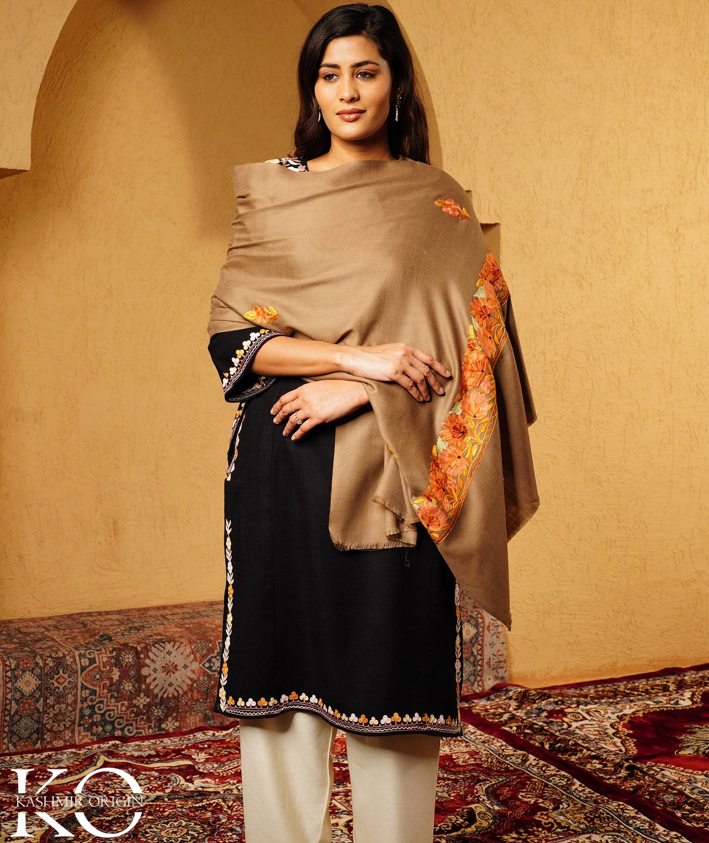 Fawn Aari Embroidered Woolen Shawl