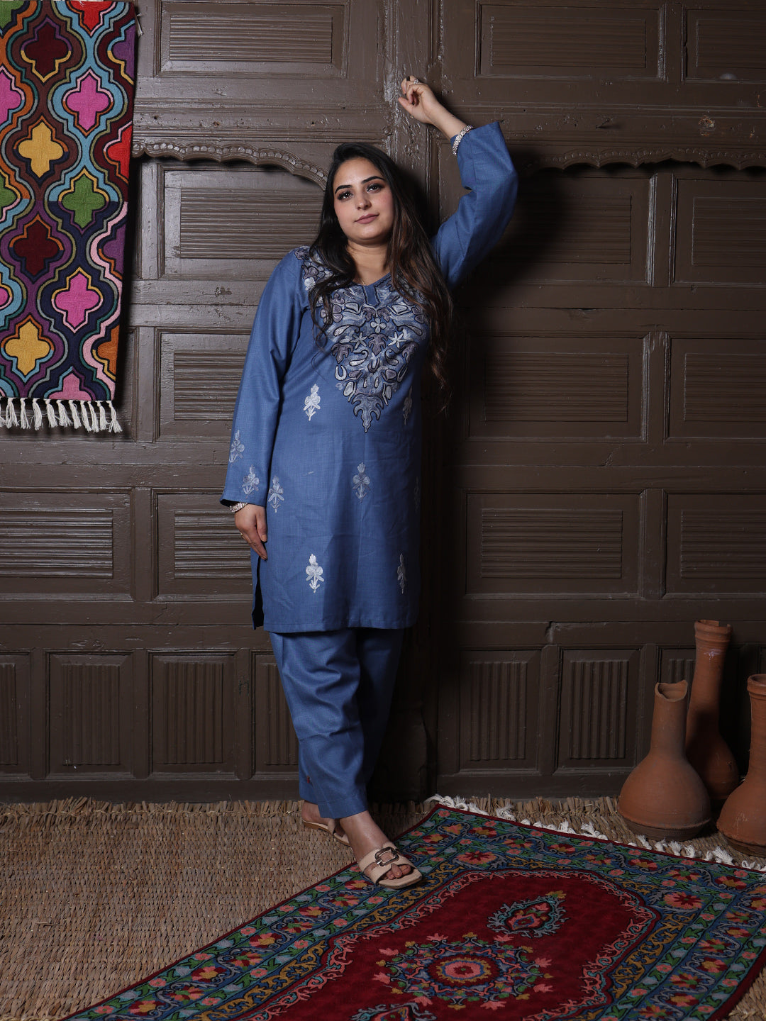 Steel Blue Aari Floral Embroidered Kashmiri Co-Ord Set