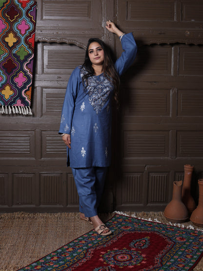 Steel Blue Aari Floral Embroidered Kashmiri Co-Ord Set
