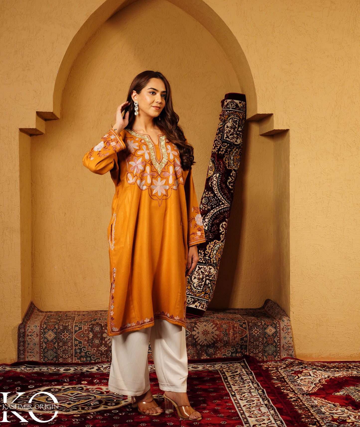 Ochre color Zari and Aari Embroidered Khatamband Design Woolen Pheran