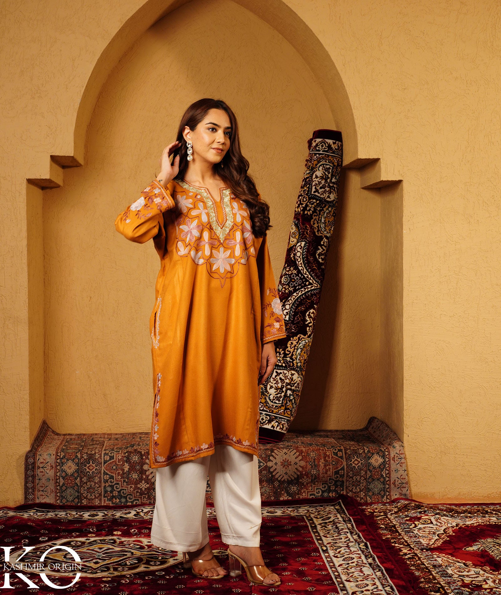 Ochre color Zari and Aari Embroidered Khatamband Design Woolen Pheran