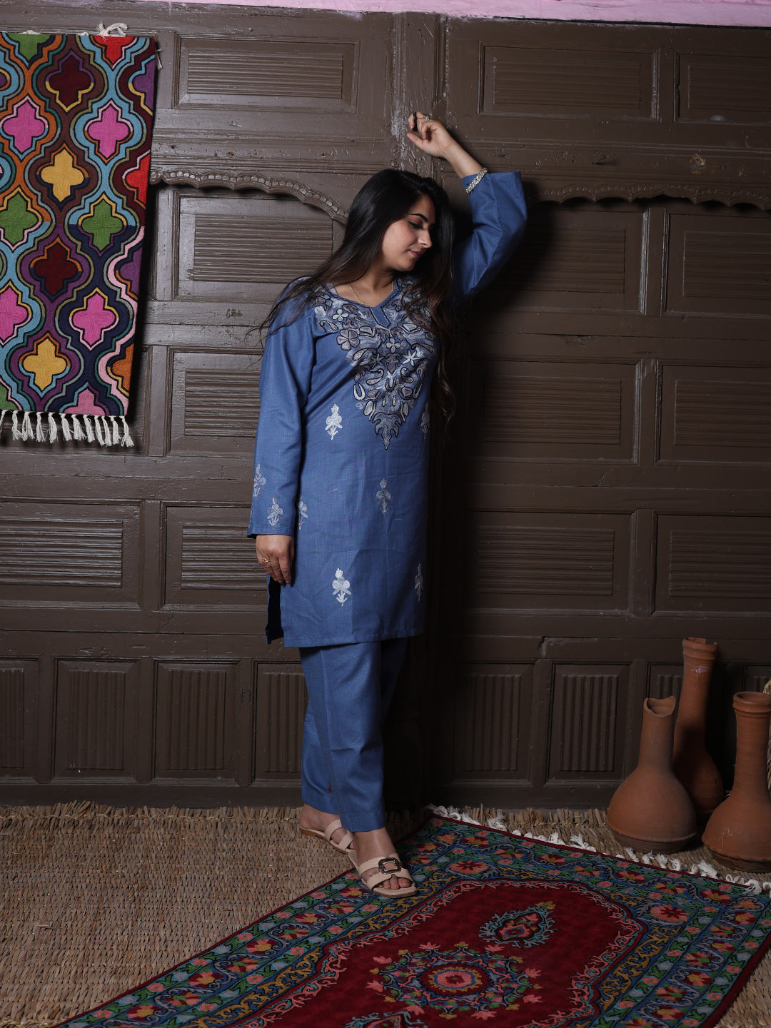 Steel Blue Aari Floral Embroidered Kashmiri Co-Ord Set