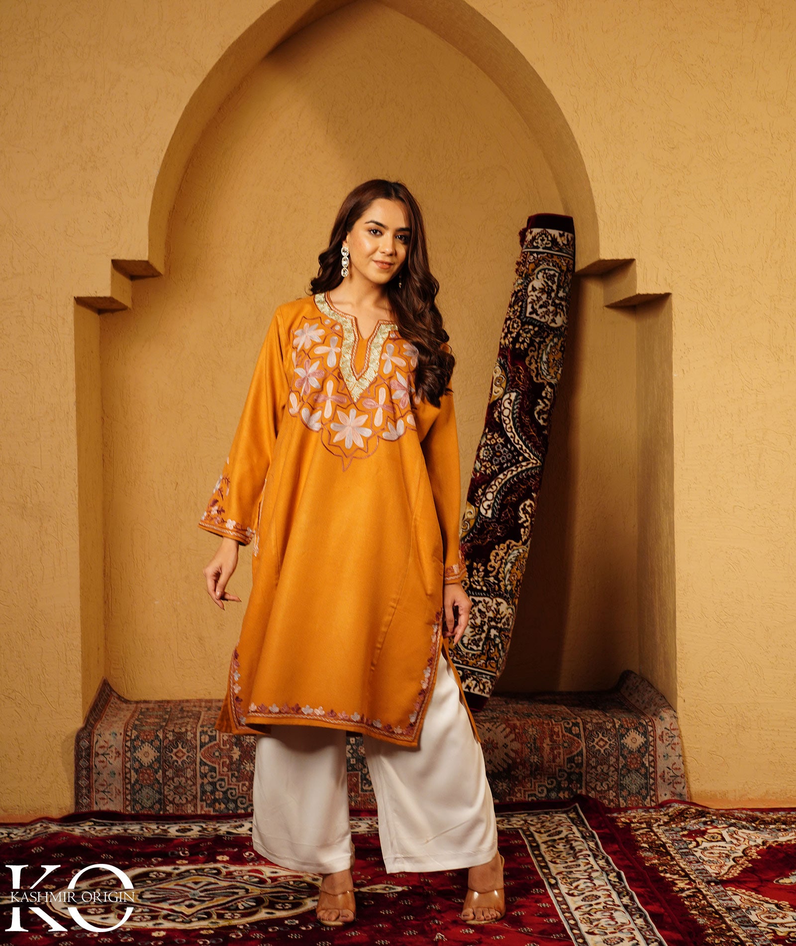Ochre color Zari and Aari Embroidered Khatamband Design Woolen Pheran