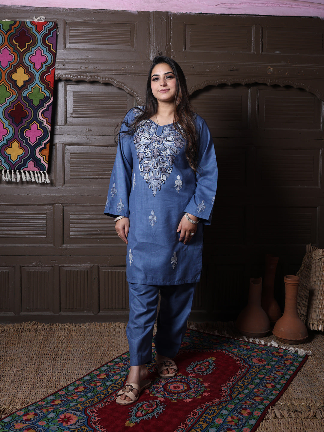 Steel Blue Aari Floral Embroidered Kashmiri Co-Ord Set