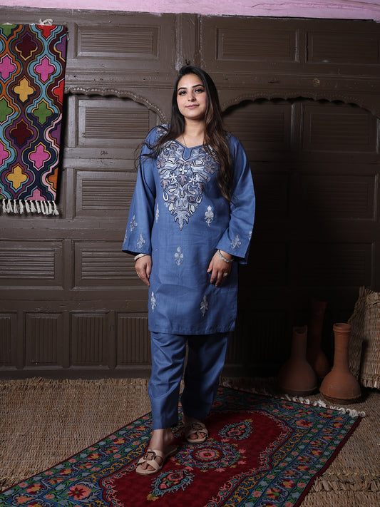 Steel Blue Aari Floral Embroidered Kashmiri Co-Ord Set