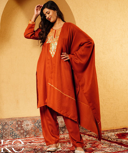 Rustic Copper Tilla Embroidered Woolen Suit With Shawl