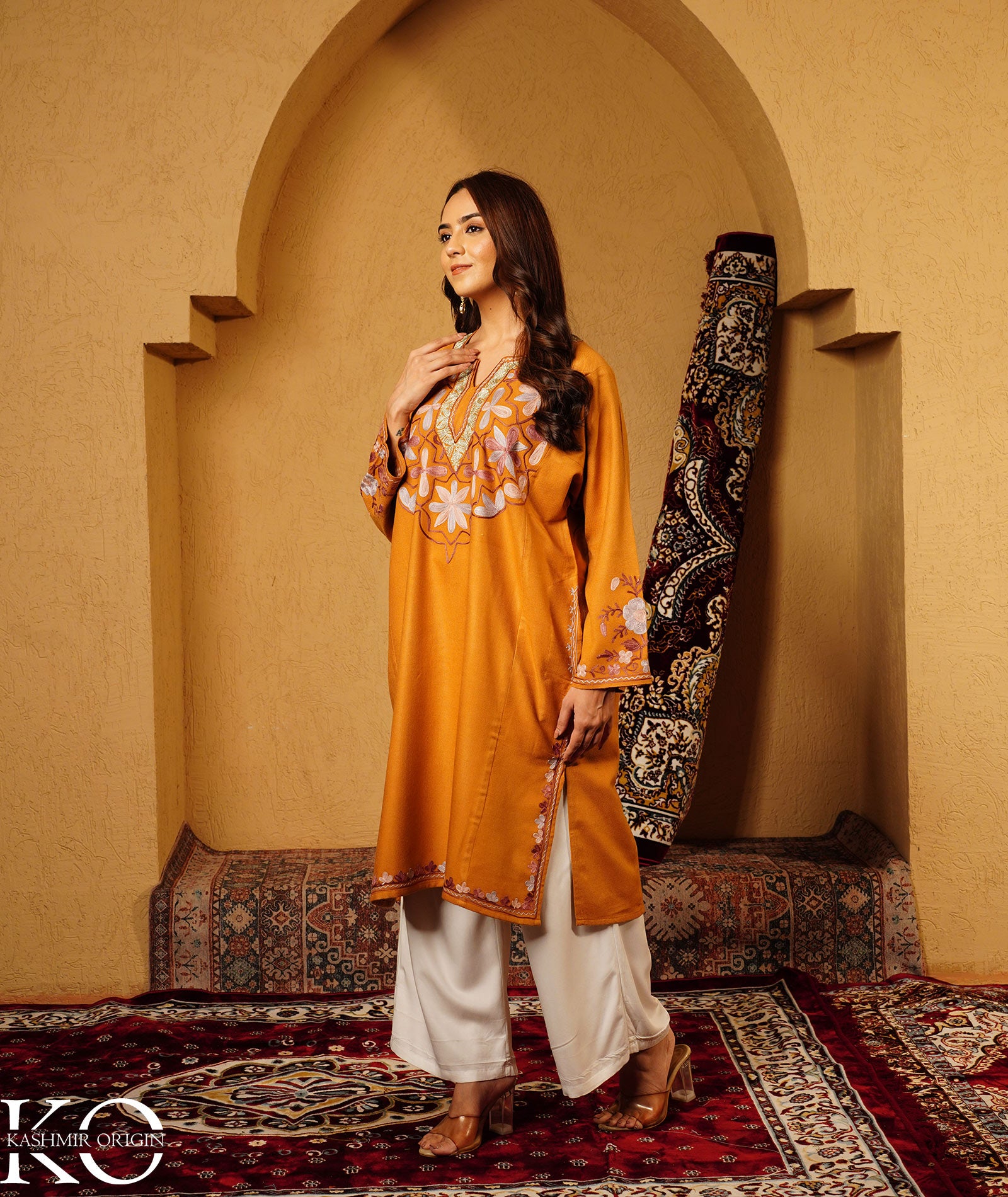 Ochre color Zari and Aari Embroidered Khatamband Design Woolen Pheran