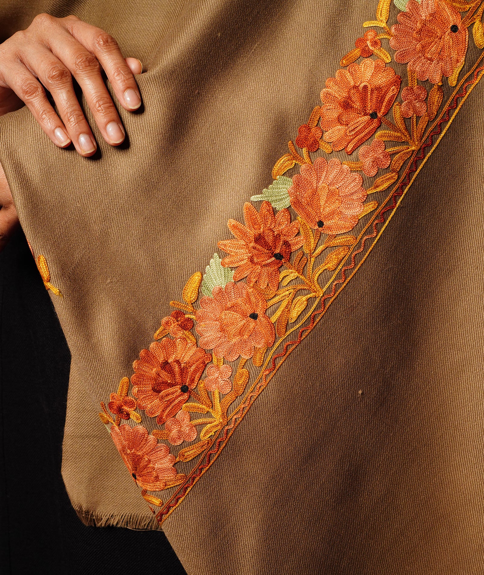 Fawn Aari Embroidered Woolen Shawl
