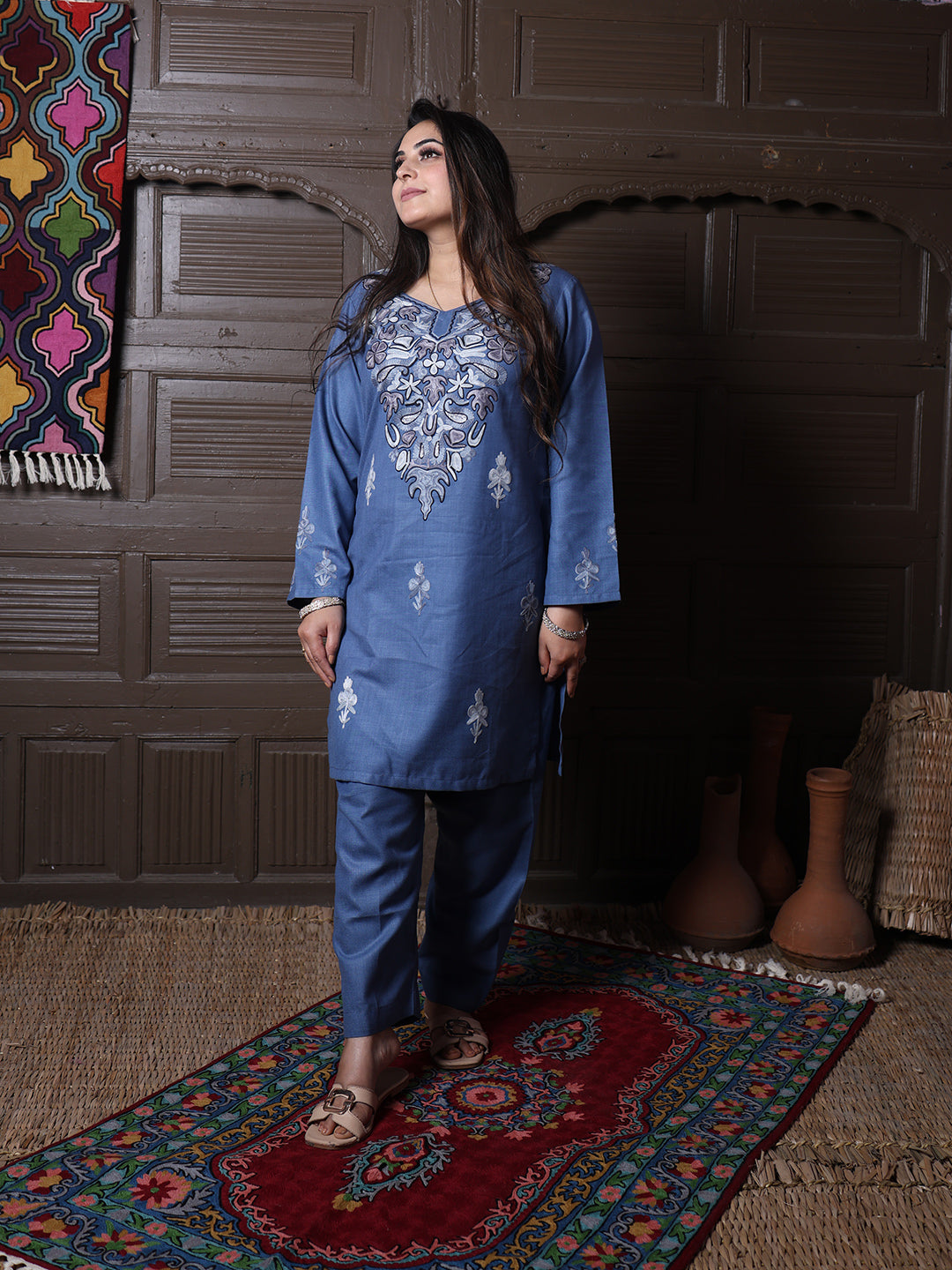 Steel Blue Aari Floral Embroidered Kashmiri Co-Ord Set