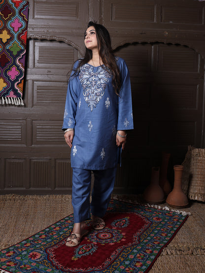 Steel Blue Aari Floral Embroidered Kashmiri Co-Ord Set