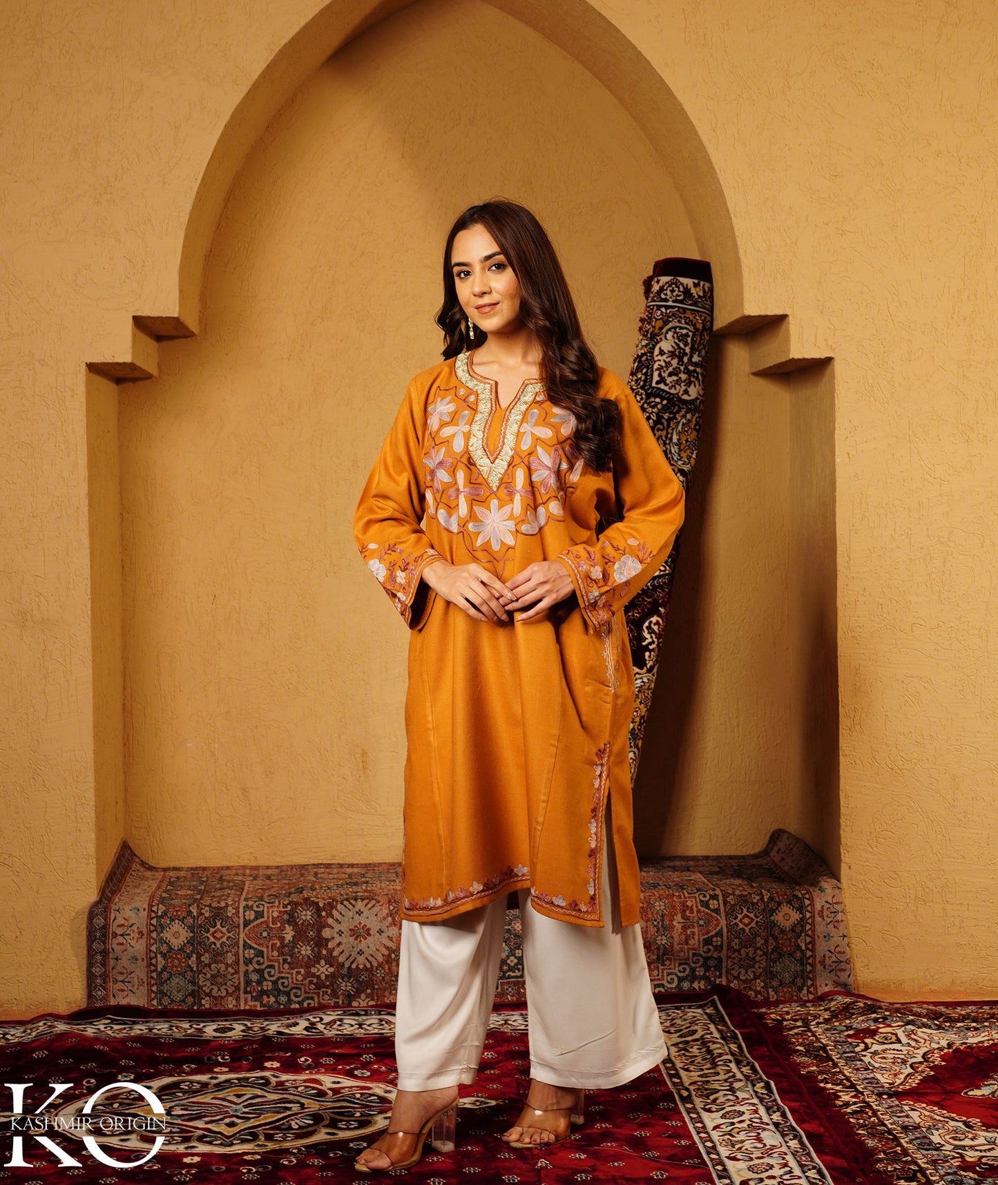 Ochre color Zari and Aari Embroidered Khatamband Design Woolen Pheran