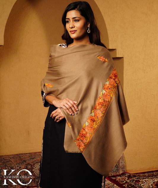 Fawn Aari Embroidered Woolen Shawl